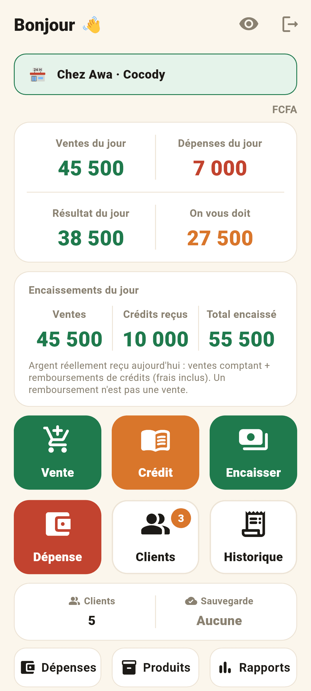 Écran d’accueil MonCarnet : ventes du jour, dépenses, résultat et crédits en cours