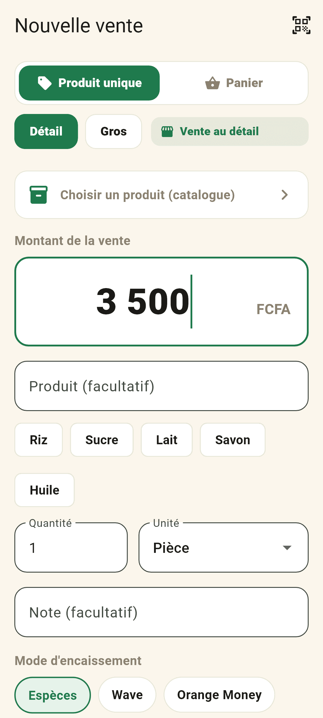 Écran de vente MonCarnet