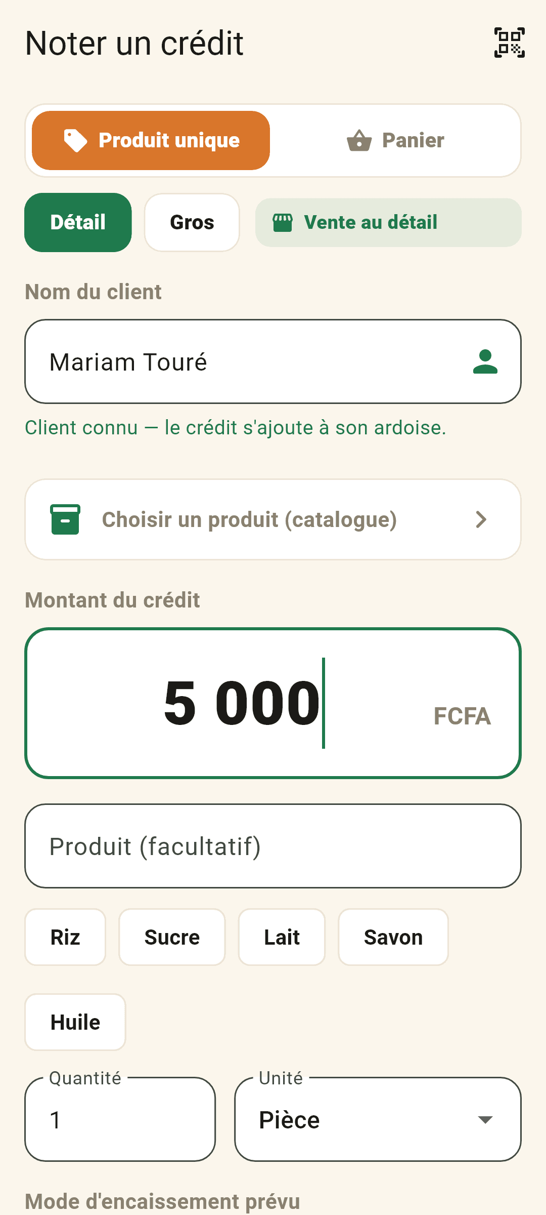 Enregistrement d’un crédit client