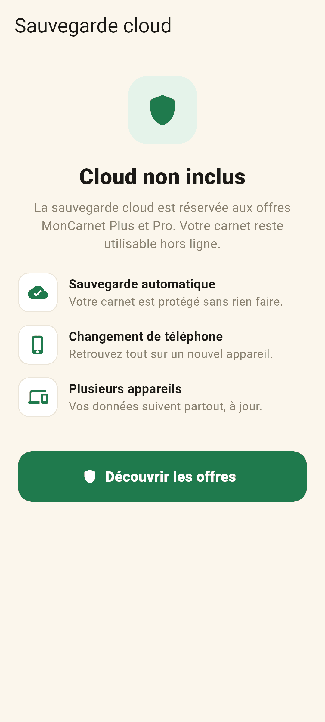 Écran de sauvegarde Cloud MonCarnet